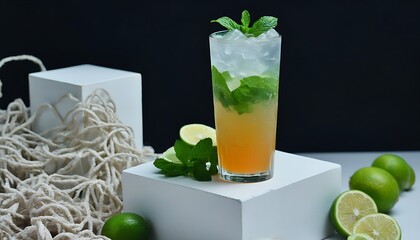 A chilled, clear glass with fresh juice, paired with fresh fruit slices and plant-based ingredients.