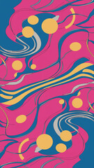 Abstract artwork featuring swirling patterns in shades of pink, teal, and yellow.  Circular elements are interspersed throughout the dynamic, marbled design.  