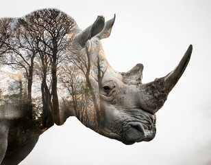 Fototapeta premium A double exposure image where a withered forest and the profile of a rhinoceros