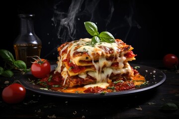 Food photography featuring lasagna cheese tomato sauce and parmesan