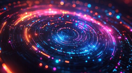 Obraz premium Abstract glowing circular light trails on dark background.