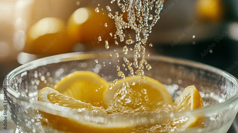 Poster Fresh lemon slices are immersed in sparkling water, creating bubbles and an invigorating appearance in a vibrant kitchen. The scene captures the essence of making juice for a sunny day.
