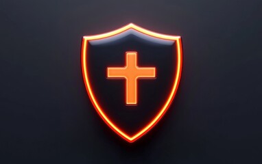 Obraz premium Neon shield with glowing orange cross symbol healthcare protection, cybersecurity innovation, digital safety, and secure technology in a dark and futuristic environment with striking lighting effects