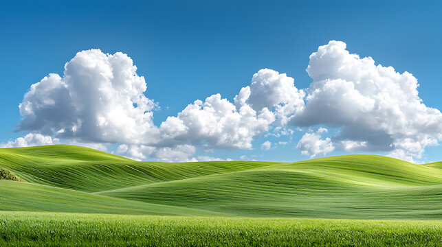 Lush green hills under bright blue sky with fluffy white clouds create serene landscape. rolling terrain invites tranquility and peace
