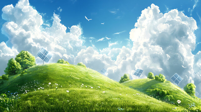 vibrant solar farm on rolling green hills under bright blue sky, featuring fluffy clouds and lush greenery. scene evokes sense of tranquility and sustainability