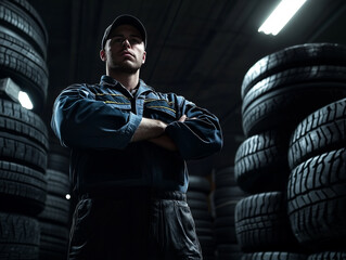 Tire technician stands confidently in a dimly lit workshop surrounded by stacks of tires during evening hours