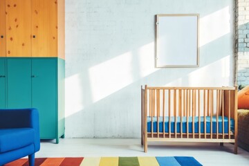 Naklejka premium Modern nursery with wooden crib, colorful furniture, and vibrant natural lighting in a loft-style interior