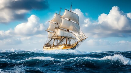 A majestic sailing ship navigating through turbulent ocean waves under a bright sky.