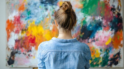 Woman Appreciating Abstract Colorful Painting Art Gallery