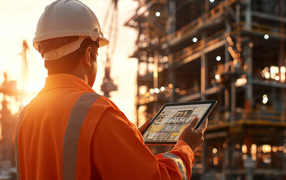 construction manager in orange safety jacket uses tablet to review project plans at construction site during sunset