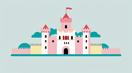  Colorful minimalist fairytale castle illustration with red towers and decorative elements on light background
