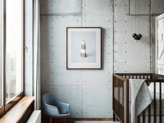 Urban loft-style nursery with a framed poster on the wall, concrete accents and industrial decor, soft light from the window enhancing the modern atmosphere