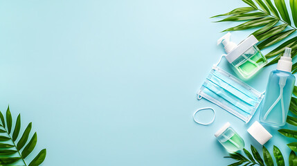 Health awareness items including masks and sanitizers arranged with greenery. This composition emphasizes protection and hygiene in vibrant setting