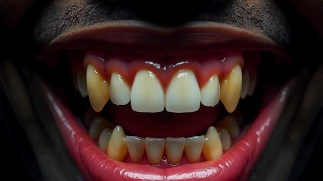 Vampire with long sharp jagged teeth with a glossy sheen