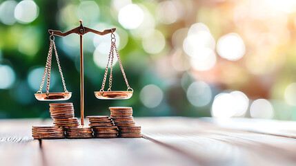 Legal scales balancing stacks of coins symbolize justice and finance. image captures essence of balance in economic decisions, reflecting importance of fairness in monetary matters