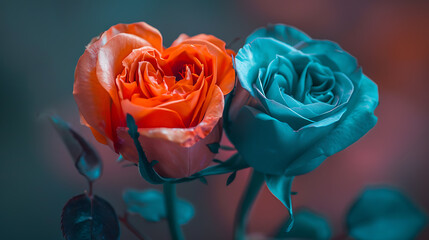 color harmony, eternal love symbolized by cyan and orange hearts, roses symbolizing passion