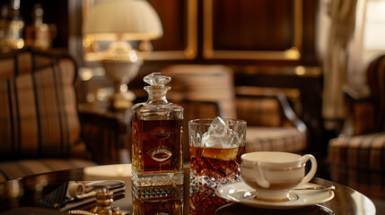 hotel room amenities, a bottle of whiskey, a crystal glass of whiskey with ice, and a strong cup of coffee adorned the deluxe rooms small table