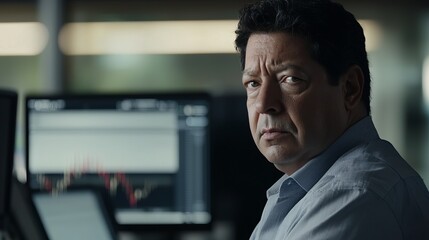 A middle-aged Hispanic man looks concerned while analyzing stock charts on multiple screens in a trading office.