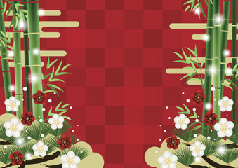 新春背景、かわいい、イラスト、松竹梅、赤、横