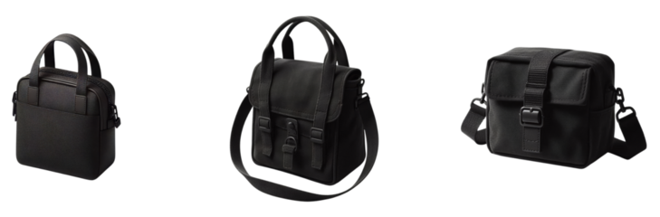 Three Different Styles of Black Shoulder Bags with Varying Designs and Features isolated on transparent and white background
