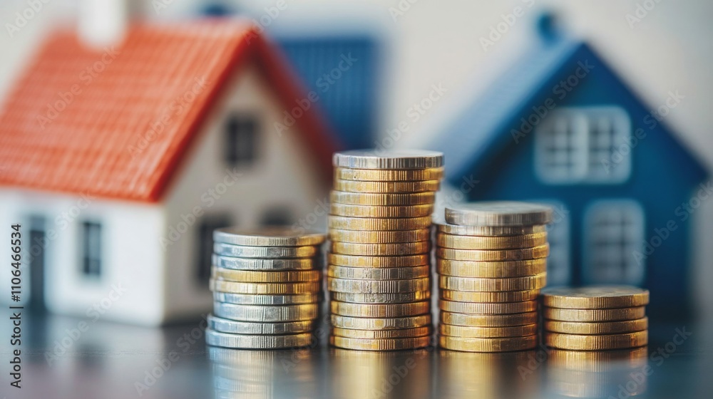 Poster stacks of coins represent financial investment in real estate, emphasizing the connection between pr