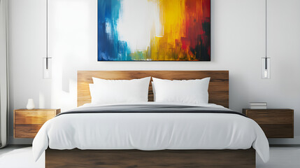 A clean, white bed positioned against a white background with colorful abstract art hanging above the headboard