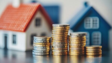 Stacks of coins represent financial investment in real estate, emphasizing the connection between property ownership and wealth.