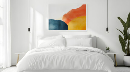 A clean, white bed positioned against a white background with colorful abstract art hanging above the headboard