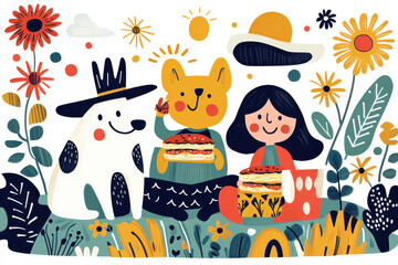 Naklejka premium Joyful camping. Playful illustration of a girl, a bear, and a dog enjoying sandwiches in a vibrant, flower-filled landscape.