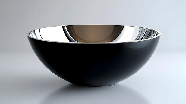 A shiny silver bowl with a black rim sits on a white background