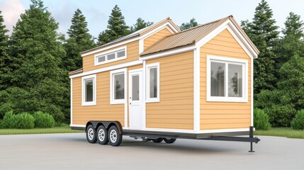 Charming tiny house on wheels with a warm, inviting exterior, AI