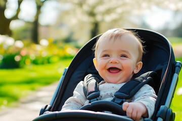 Smiling baby sitting in a stroller in a sunny park surrounded by flowers and green trees