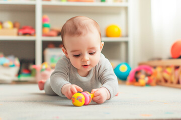 Baby playing on the floor with toys in a nursery surrounded by colorful objects, enjoying a cheerful moment