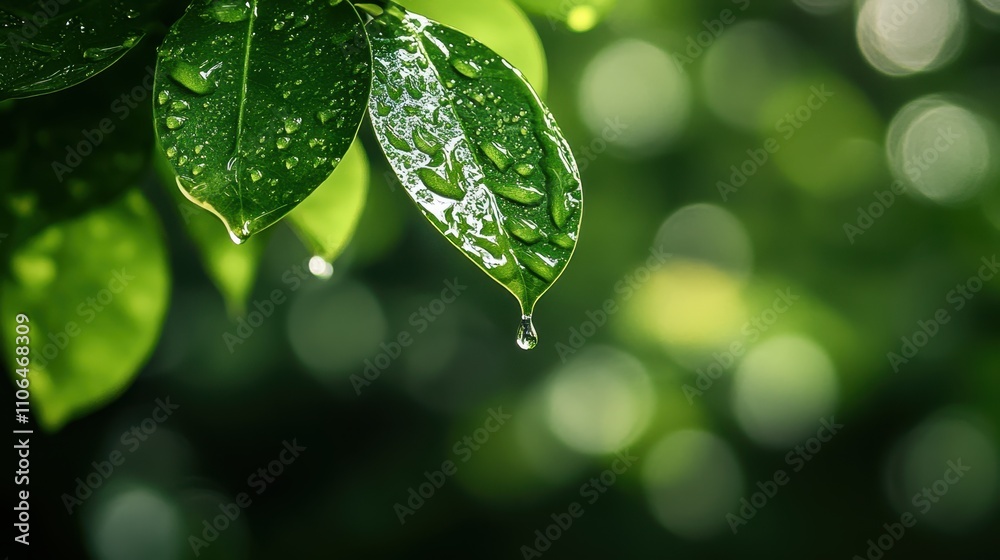 Aufkleber droplet cascading from a leaf creates ripples in a tranquil pool