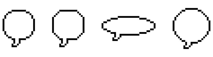 Pixel art speech bubble icons in various shapes, set of 4 pixelated speech bubble, pixel art.