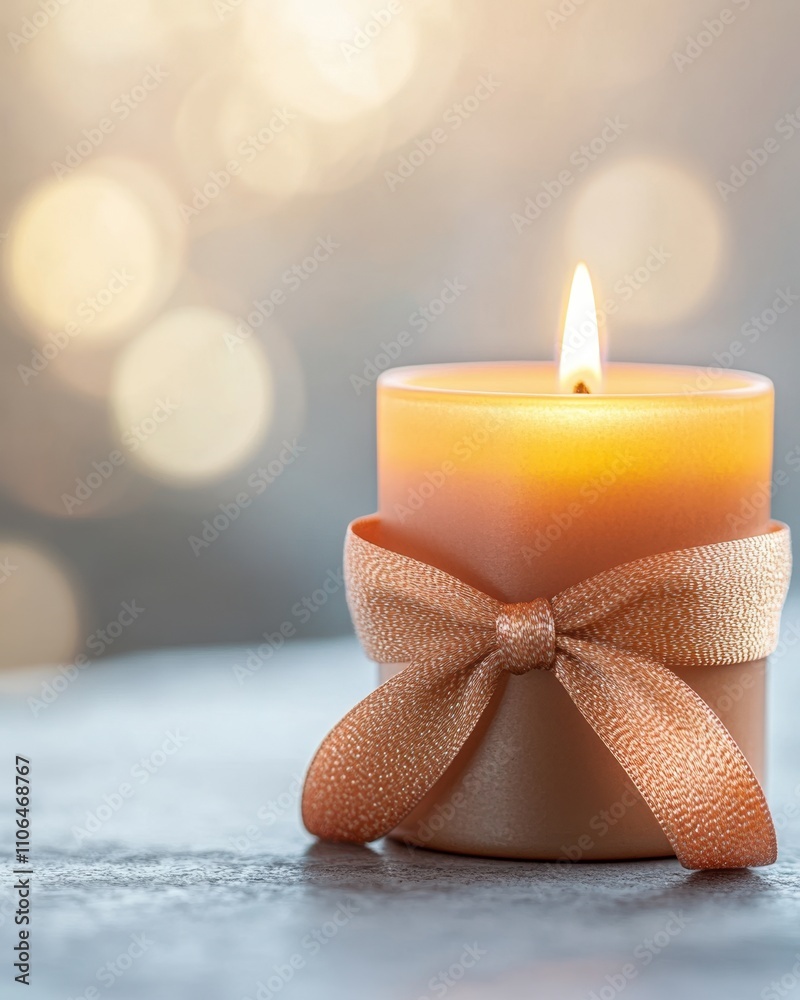 Poster glowing candle with ribbon tied around it evokes warmth and hope in a serene environment
