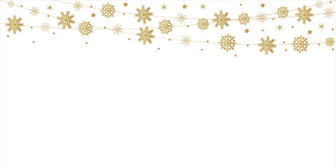 Gold Merry Christmas and new year festive design with border made of beautiful snowflakes. winter falling snow. 