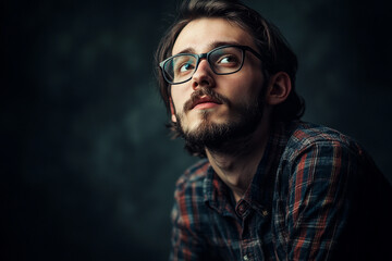 Fototapeta premium Young man with glasses gazing thoughtfully in a dark setting