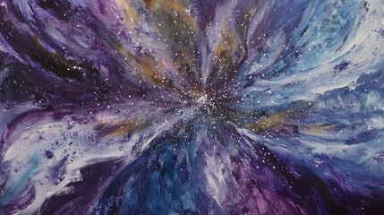 A radiant explosion of starlight in violet, indigo, and silver hues, with swirling nebula clouds spreading outward, and specks of glowing stars creating a sense of infinite cosmic energy.