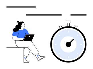 Woman sitting with laptop large stopwatch black and blue lines. Ideal for time management, productivity, focus, deadlines, efficiency, planning, organization. Line metaphor