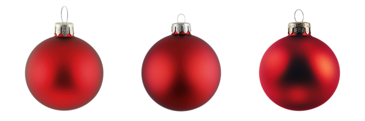 Collection of 3 red christmas ornaments isolated on transparent background