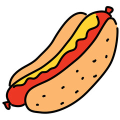 red sausage with yellow mustard sandwiched between two buns