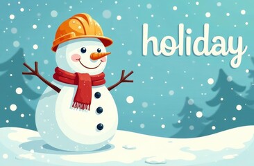 A snowman wearing a bright orange hard hat and a red scarf stands in a snowy landscape. Snowflakes gently fall around as evergreen trees provide a festive backdrop for the holiday season. Copy space