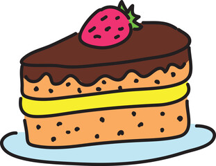a piece of cake with yellow filling on a plate with chocolate icing poured on top and a red strawberry on top