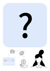 Question mark symbol with a credit card, coins, and a female figure indicating financial uncertainty and decision-making. Ideal for finance, payment issues, budgeting, investment decisions, economic