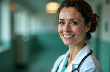Fototapeta premium A female doctor stands confidently in a hospital corridor, wearing a white coat and stethoscope. She has a warm smile and a professional demeanor, embodying care and dedication in her role. Copy space