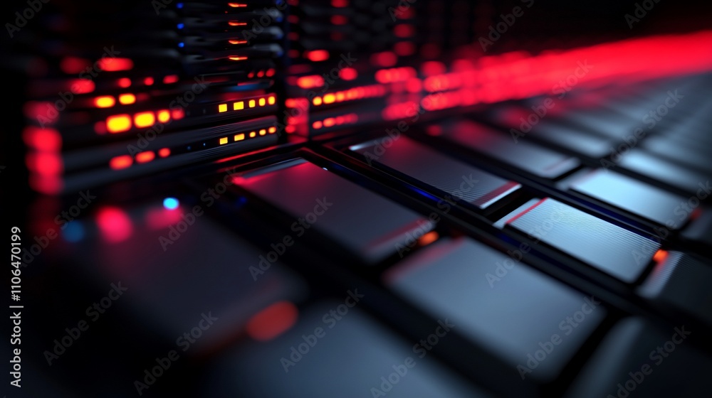 Poster Close-up of illuminated server rack with glowing lights.