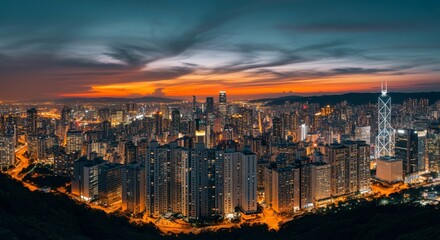 Obraz premium Aerial view of a cityscape with lights glowing at twilight