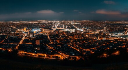 Obraz premium Aerial view of a cityscape with lights glowing at twilight