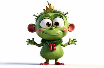 Fototapeta premium A cheerful green character adorned with a small crown and a red bow stands with arms widely open, inviting interaction. Its large eyes and fluffy features add to its playful demeanor.